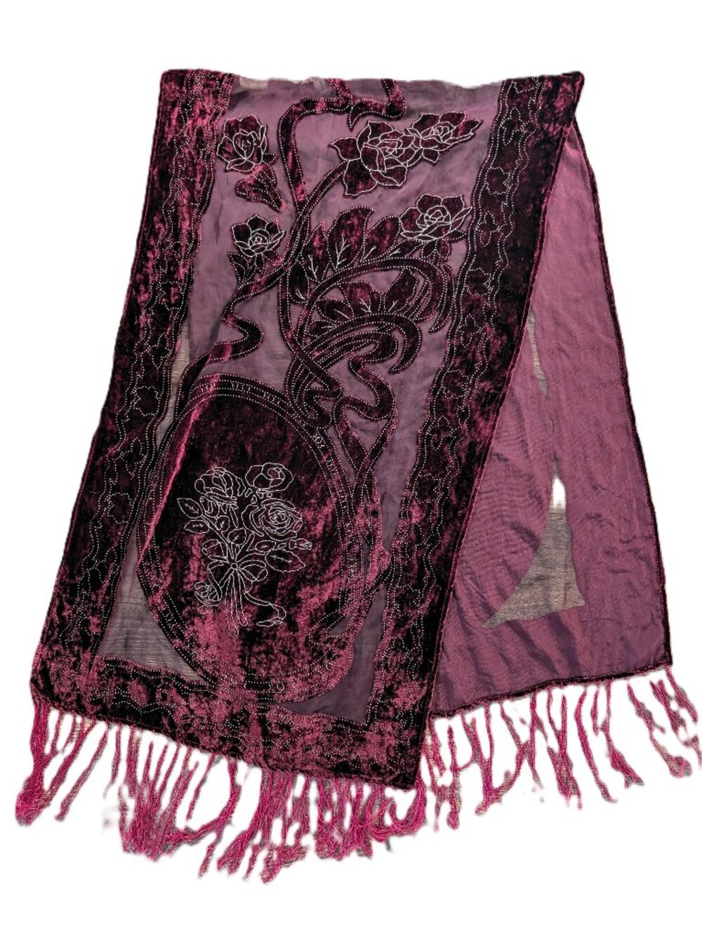 VTG Burgundy Burnout Velvet Scarf Fringe Floral Sheer Evening Wrap Whimsigoth